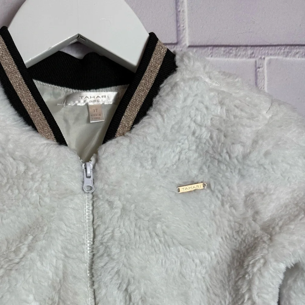 Tahari Baby Girl Sherpa Bomber Jacket Size 3T, White & Gold Trim